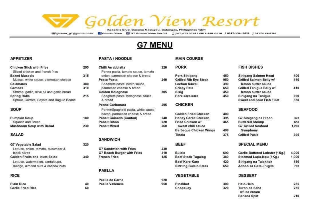 G7 Golden View Resort - Menu 1