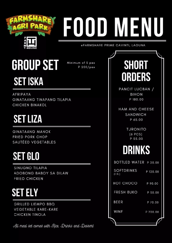 Farm T-House Cavinti Laguna menu page 1