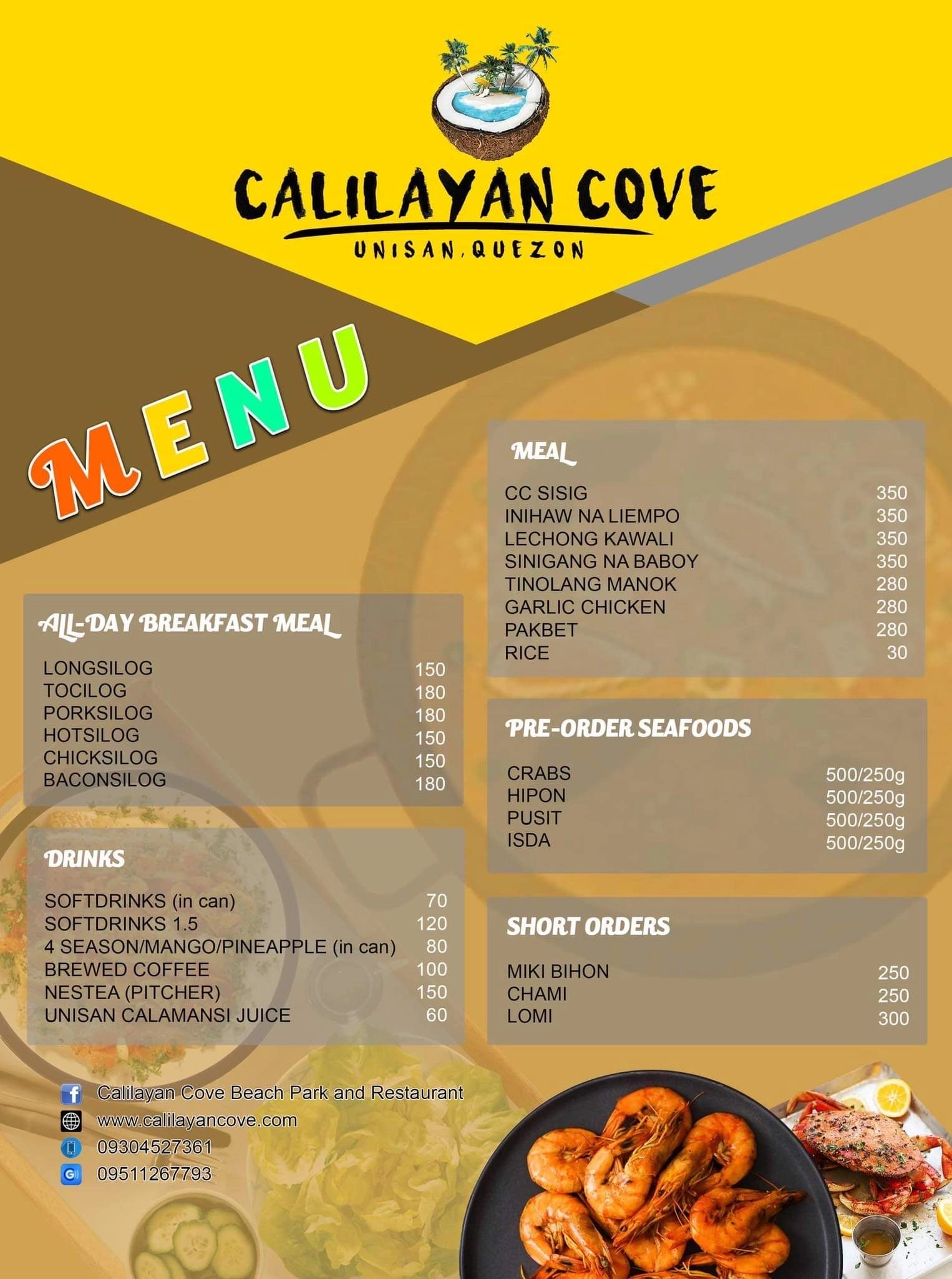 Calilayan cove menu 1